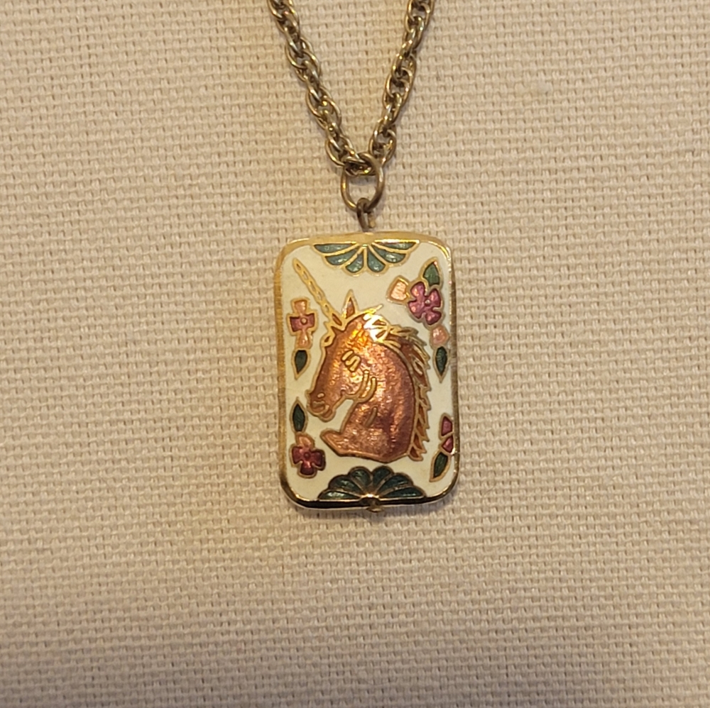 Double sided vintage floral and unicorn Cloisonne necklace